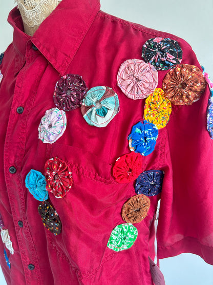 Vintage Silk Blouse with YoYo Quilt Appliqué Size M/L #YOYO3