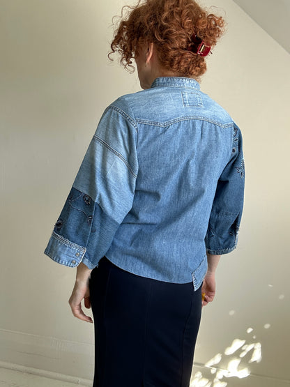 Ellis Reclaimed Patchwork Denim Shirt with Handstitching & Hand Dyed Twill Ribbon S/M #ELL15