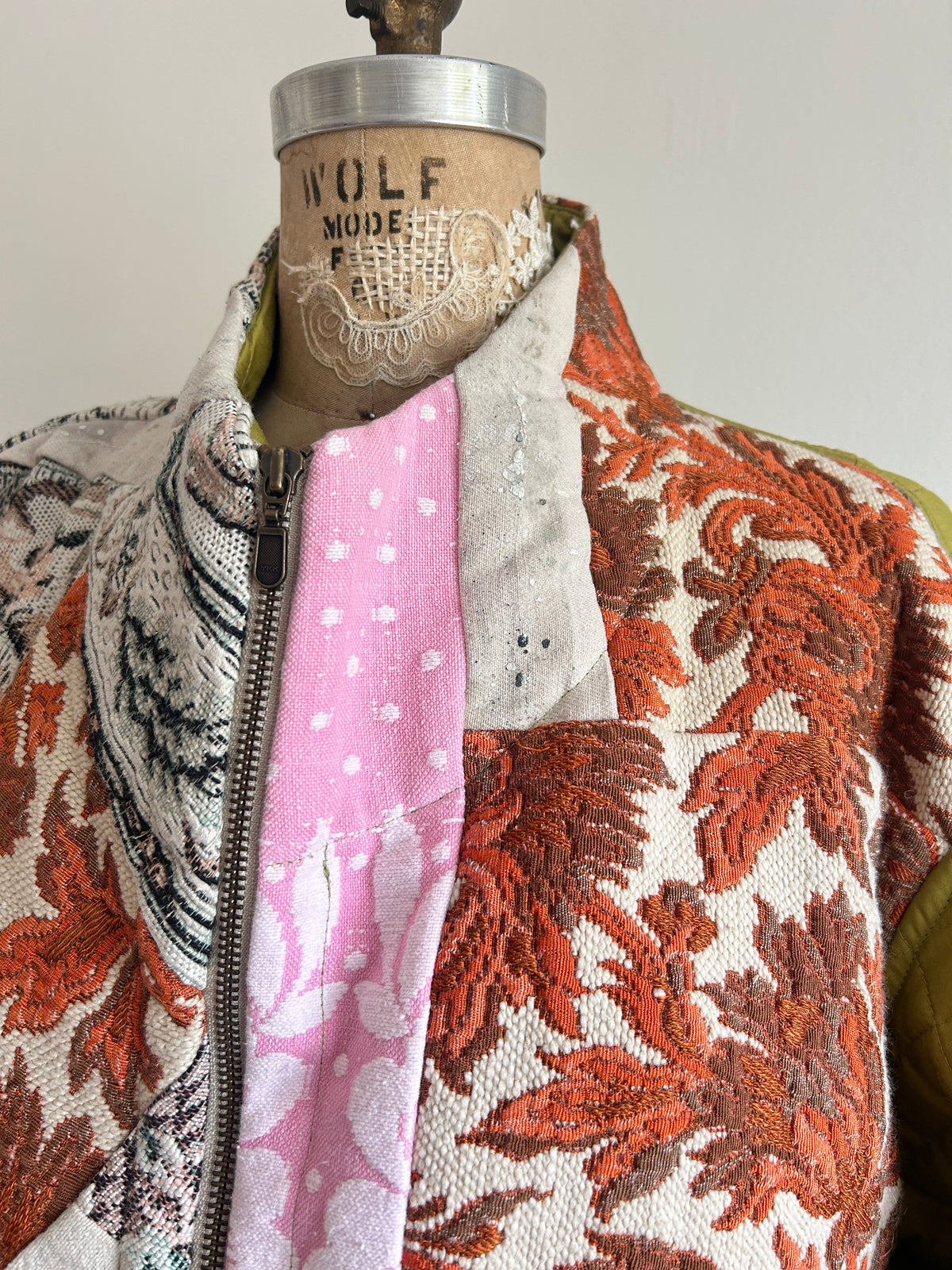 Billie Zip Up Jacket with Upcycled Spliced Scrap Vintage Textiles Size XL/2X #BILLX2XCR