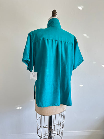 Vintage Silk Blouse with YoYo Quilt Appliqué Size L #YOYO1