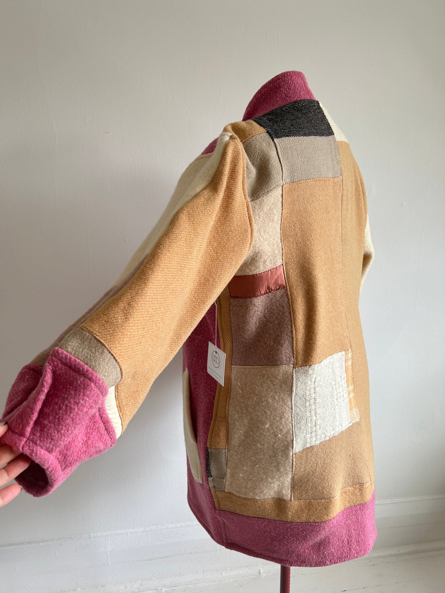 Vivianne Jacket with Upcycled Vintage Wool Patchwork & Leather & Wooden Toggles Size XL/2X #CVJWX2X56