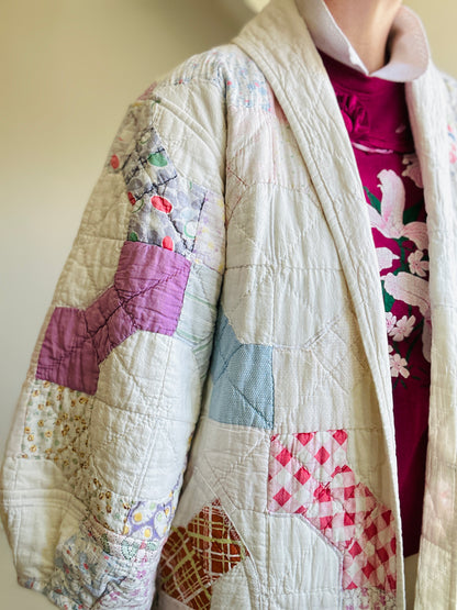 Vivianne Jacket Upcycled Hand Stitched Vintage Bow Tie Design Quilt Size M/L #CVDQML1