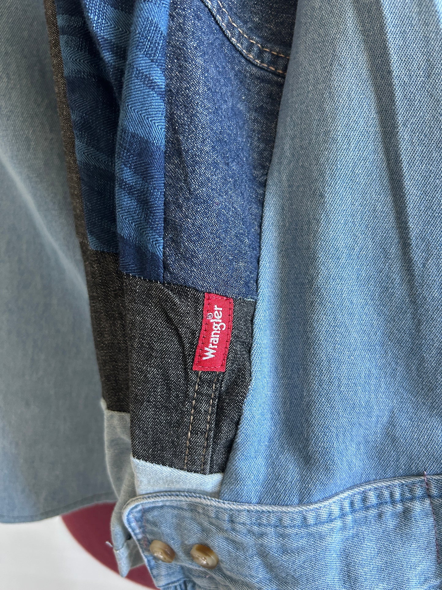 Ellis Reclaimed Patchwork Wrangler Denim Shirt with Handstitching & Hand Dyed Twill Ribbon 2X/3X #ELL6