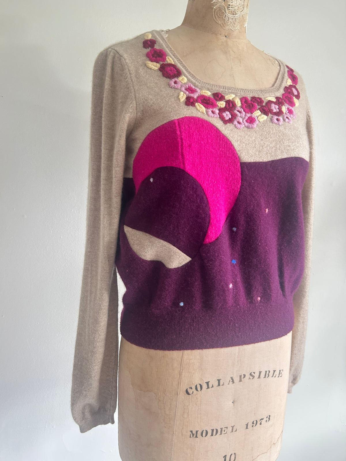 Needlefelted, Embroidered and Circle Patched Confetti Cashmere Sweater XL/2X #CASHSM2