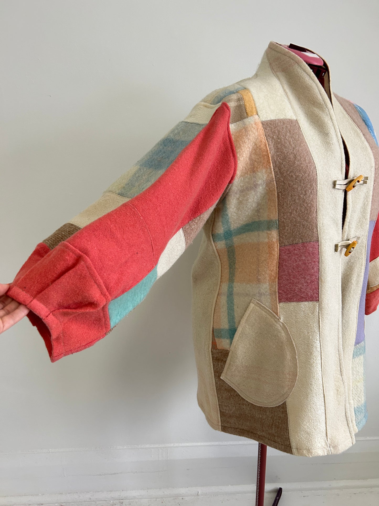 Vivianne Jacket with Upcycled Vintage Wool Patchworked Blanket & Leather & Wooden Toggles Size XL/2X #CVJWX2X31