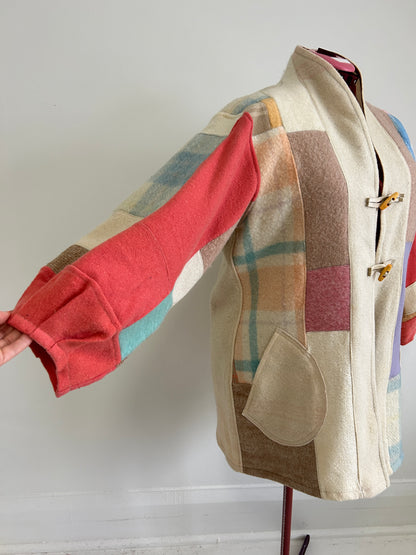 Vivianne Jacket with Upcycled Vintage Wool Patchworked Blanket & Leather & Wooden Toggles Size XL/2X #CVJWX2X31
