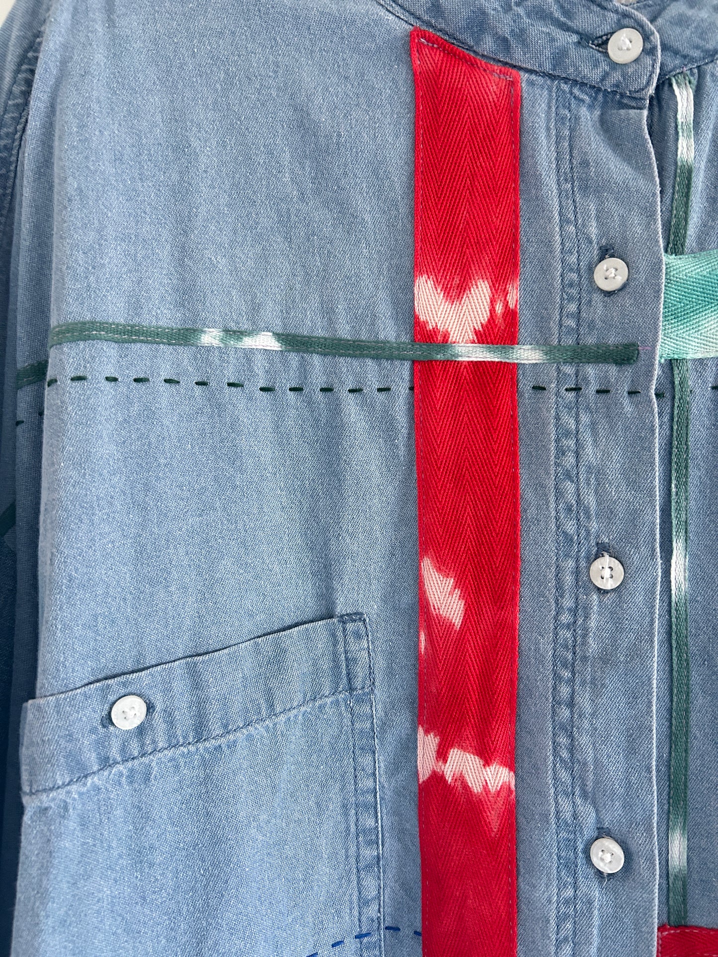 Ellis Reclaimed Patchwork Wrangler Denim Shirt with Handstitching & Hand Dyed Twill Ribbon 3X/4X #ELL11