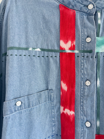 Ellis Reclaimed Patchwork Wrangler Denim Shirt with Handstitching & Hand Dyed Twill Ribbon 3X/4X #ELL11