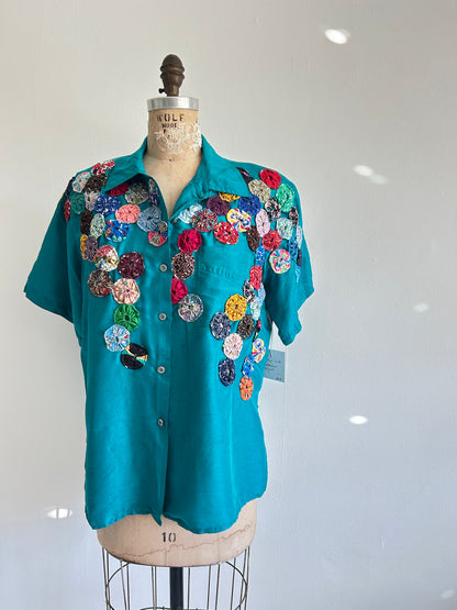 Vintage Silk Blouse with YoYo Quilt Appliqué Size L #YOYO1