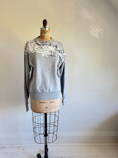 Ruffled & Battenburg Lace Upcycled Champion Sweatshirt XS/S #SWRXXS3