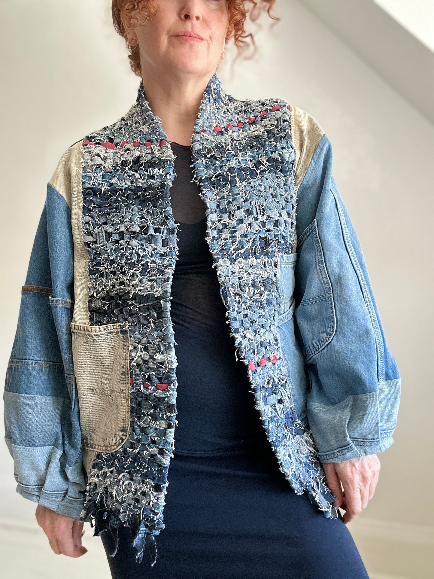Vivianne Cropped Upcycled Woven Denim Jacket Size XL/2X #CVCDX2X101