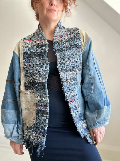 Vivianne Cropped Upcycled Woven Denim Jacket Size XL/2X #CVCDX2X101