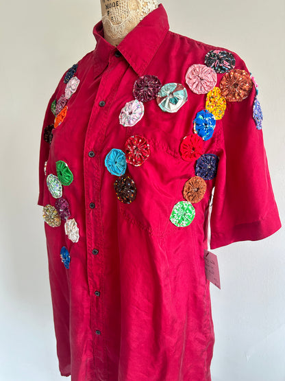 Vintage Silk Blouse with YoYo Quilt Appliqué Size M/L #YOYO3