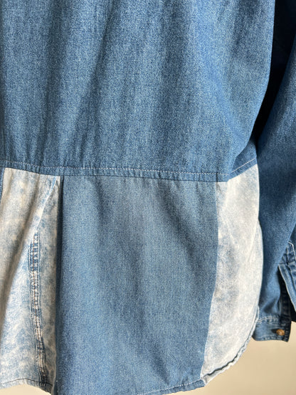 Upcycled Modern Workwear Denim Shirt - Circle Series with hand painting Size XL/2X #DEN1