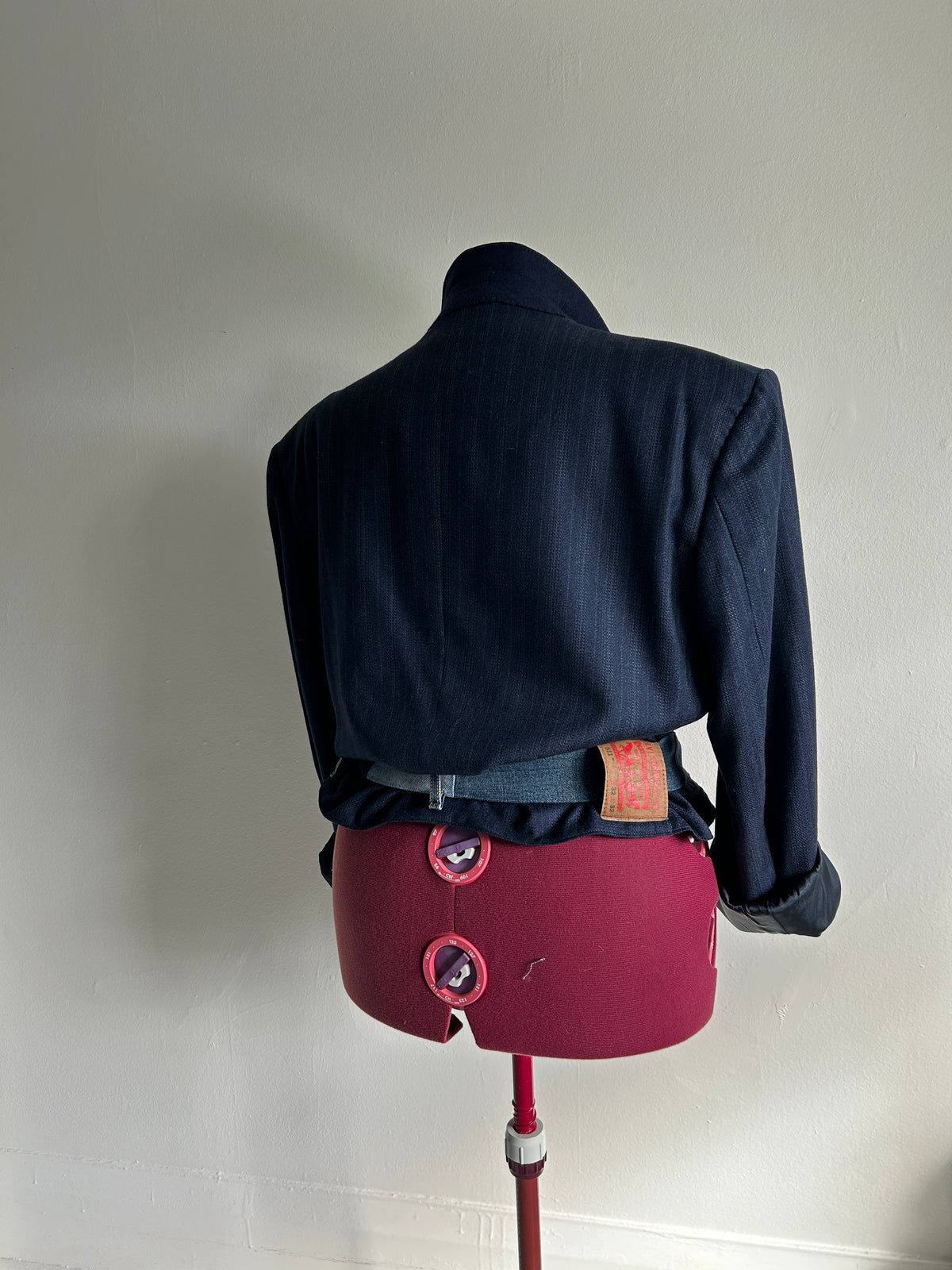 Cropped Upcycled Bellissimo Virgin Wool Blazer with Denim Belt Size 2X/3X #BLAZ23X6
