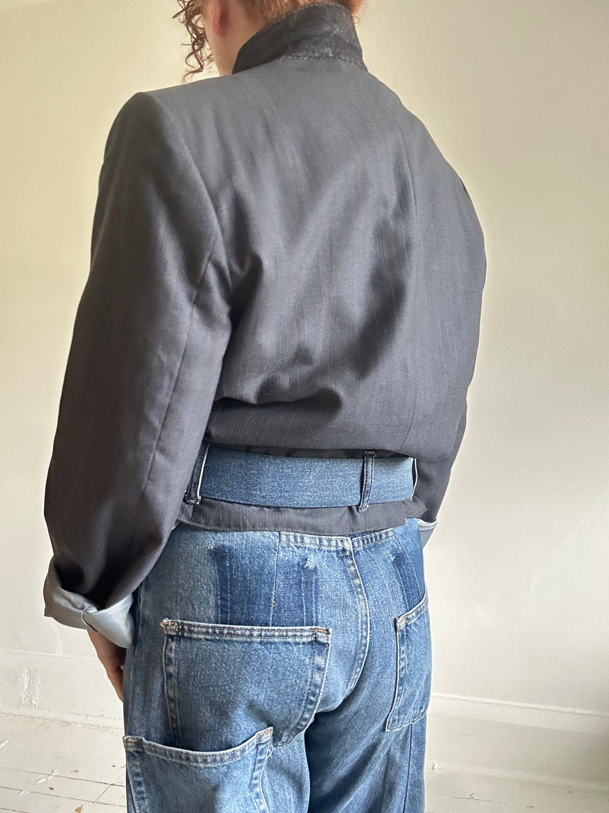 Cropped Upcycled Jonathan Ryan Classics Virgin Wool Blazer with Denim Belt Size L/XL #BLAZX2X1