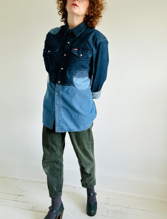 Upcycled Modern Workwear Wrangler Denim Shirt - Circle Series Size L/XL #DEN15