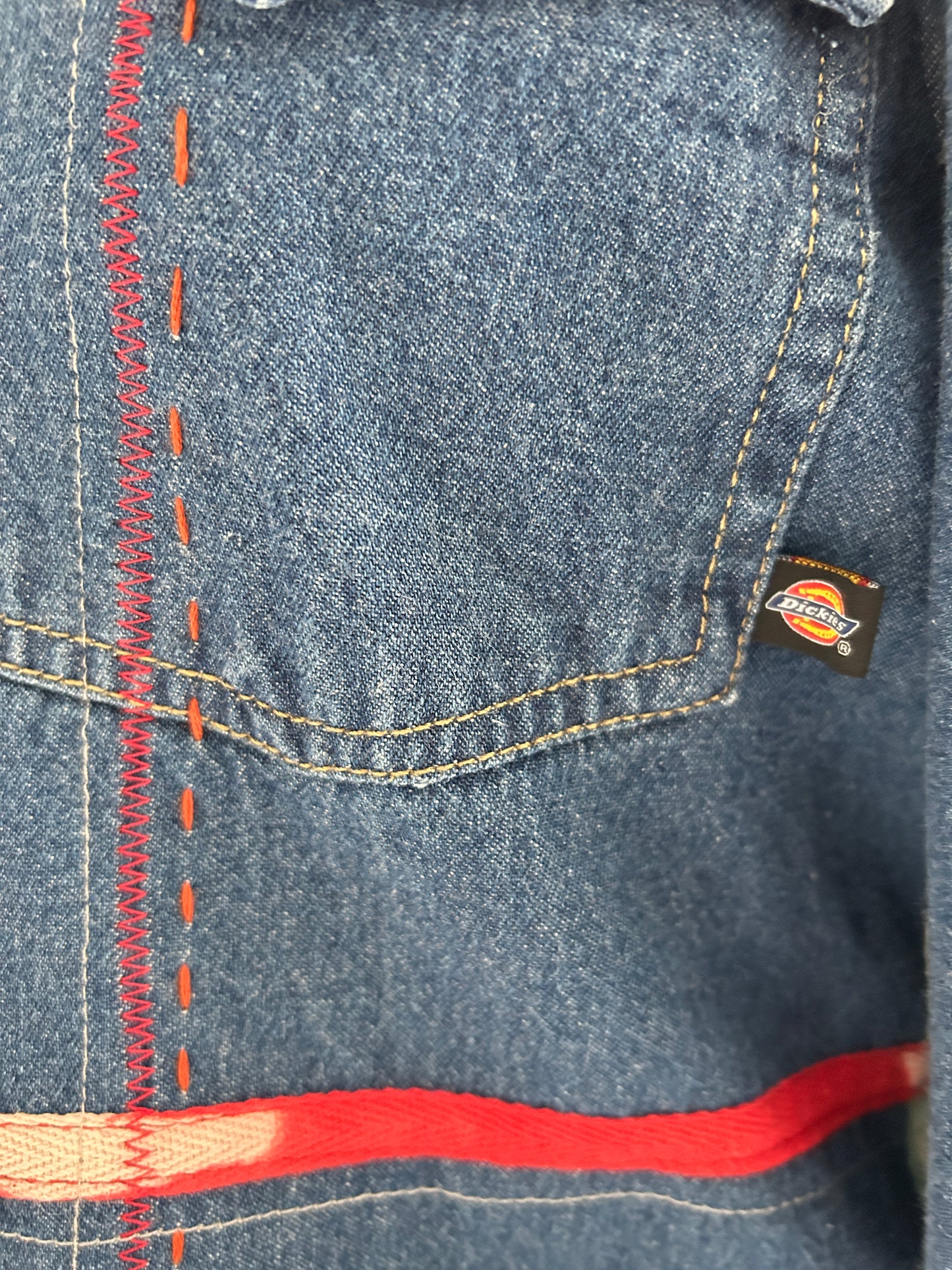 Ellis Reclaimed Patchwork Dickies Denim Shirt with Handstitching & Hand Dyed Twill Ribbon XL/2X #ELL10