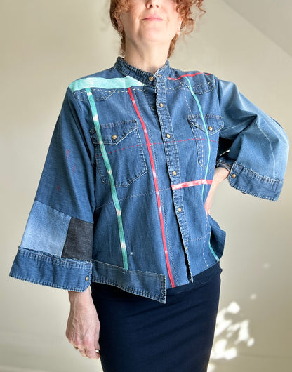 Ellis Reclaimed Patchwork Wrangler Denim Shirt with Handstitching & Hand Dyed Twill Ribbon XL/2X #ELL1