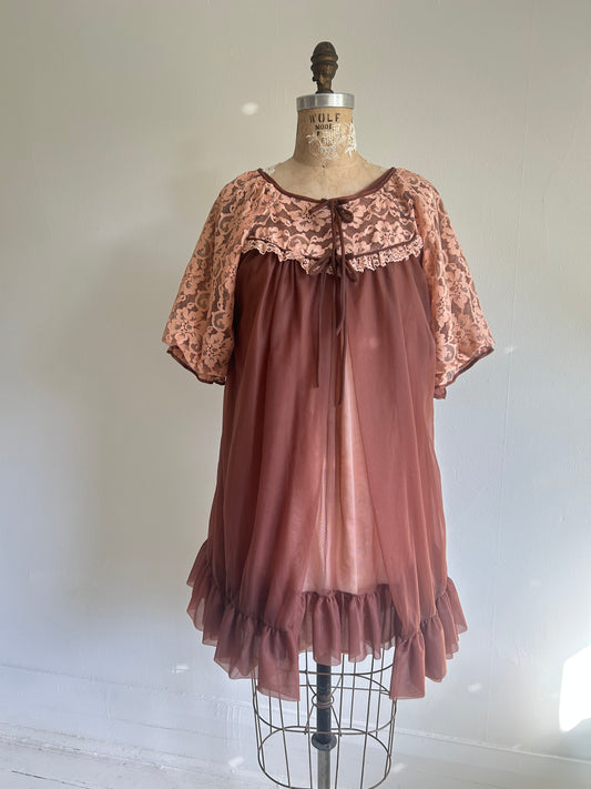 Vintage Maroon & Peach Baby Doll Set Size M #VIN1