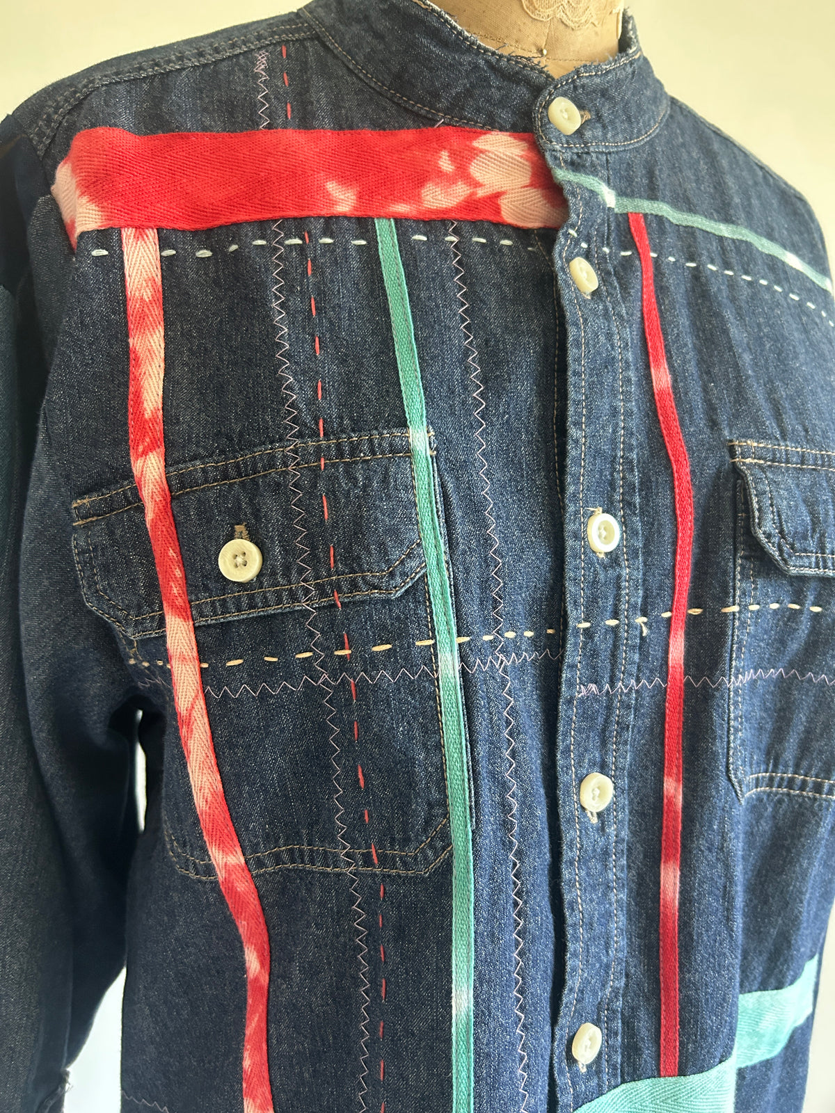Ellis Reclaimed Patchwork Denim Shirt with Handstitching & Hand Dyed Twill Ribbon L/XL #ELL2