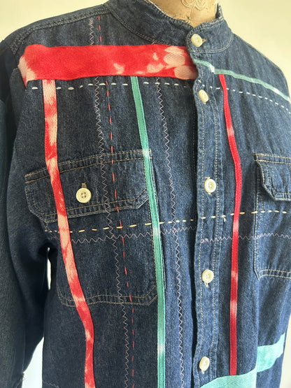 Ellis Reclaimed Patchwork Denim Shirt with Handstitching & Hand Dyed Twill Ribbon L/XL #ELL2