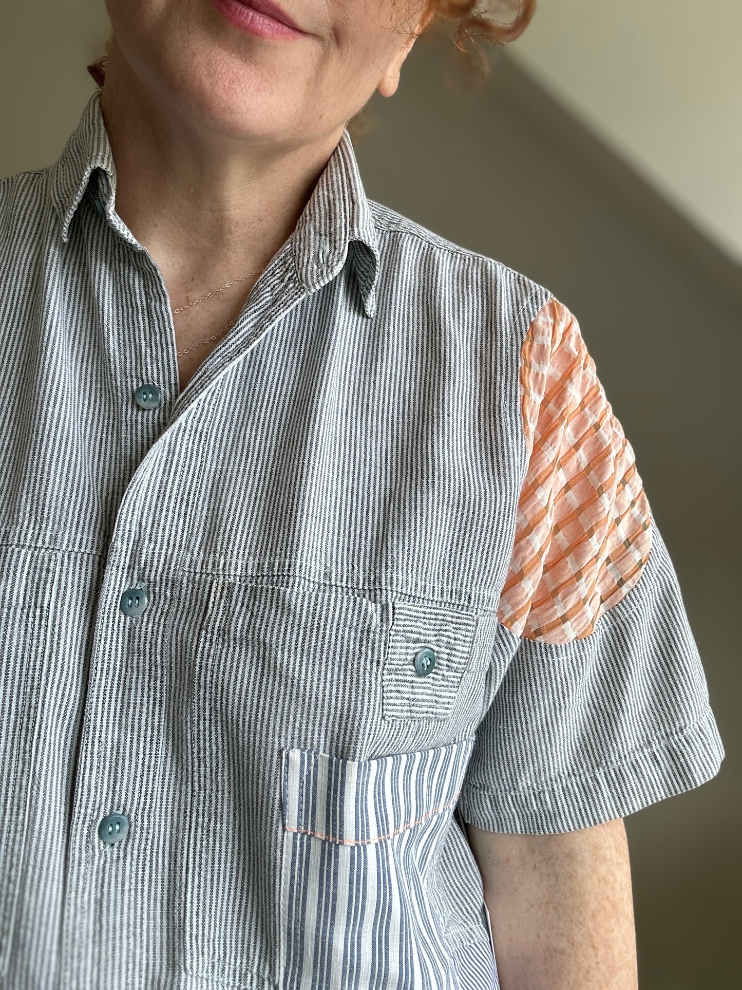 Upcycled Modern Workwear Cotton Shirt - Circle & Squares Series Size S/M #PIN14