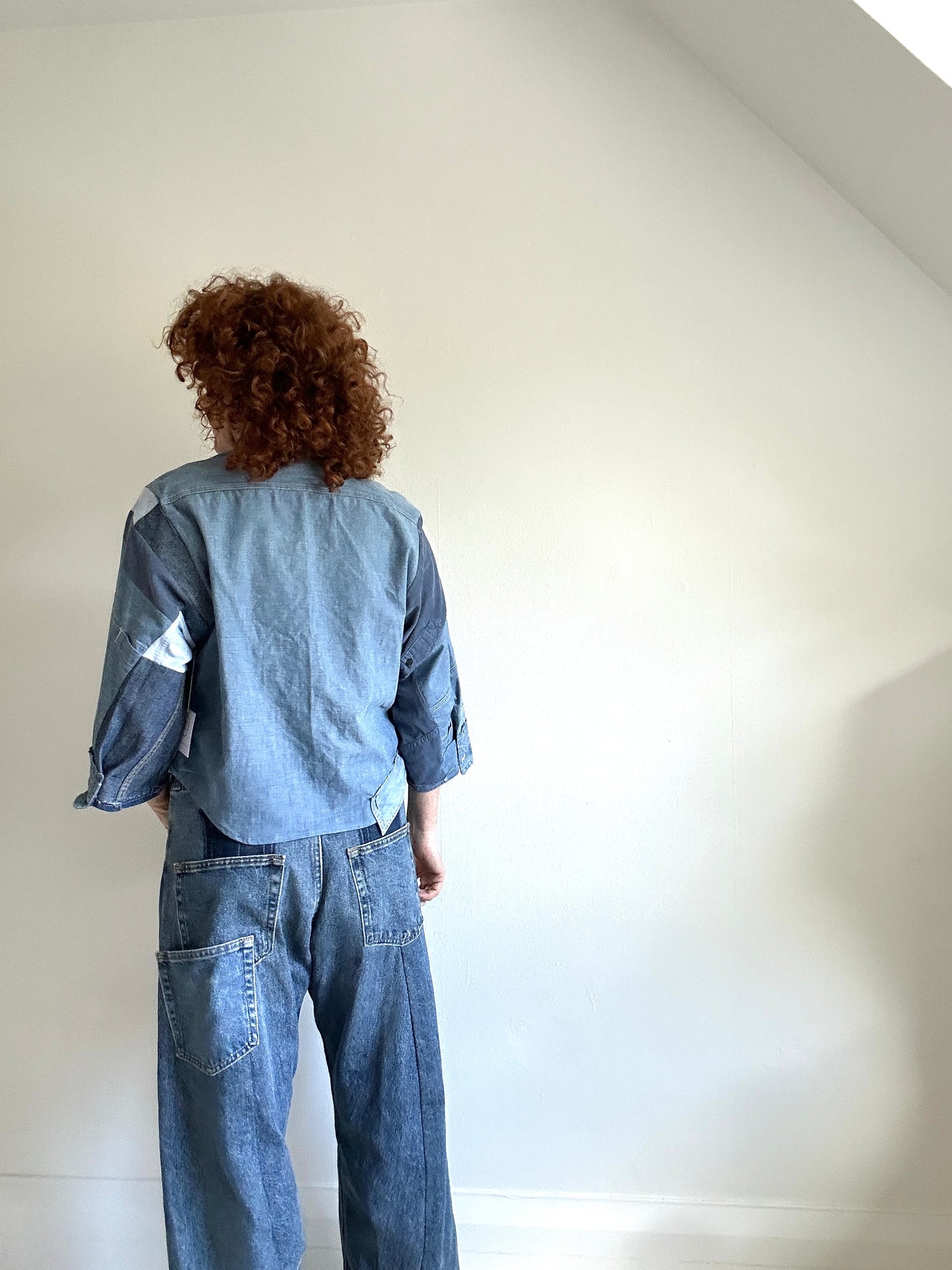 Ellis Reclaimed Patchwork Denim Shirt with Handstitching & Hand Dyed Twill Ribbon M/L #ELL4