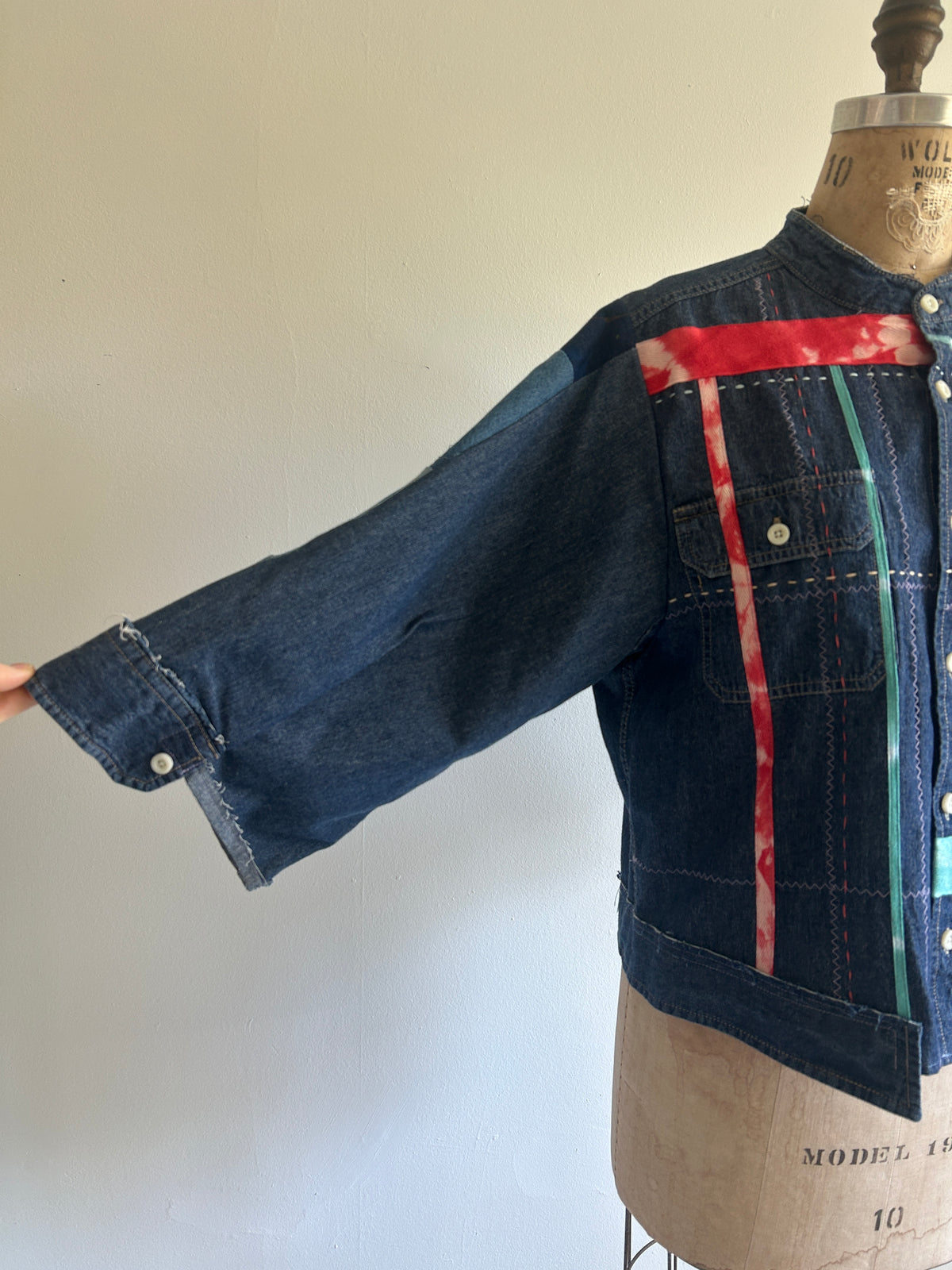 Ellis Reclaimed Patchwork Denim Shirt with Handstitching & Hand Dyed Twill Ribbon L/XL #ELL2