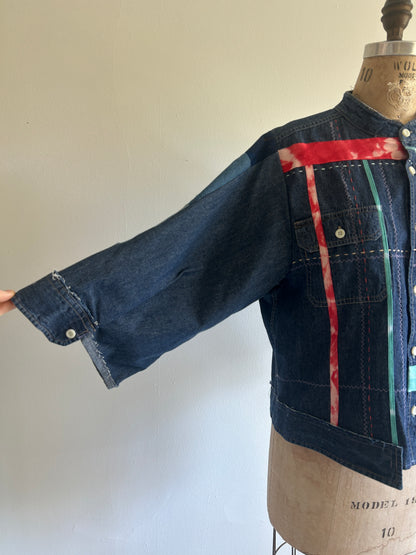 Ellis Reclaimed Patchwork Denim Shirt with Handstitching & Hand Dyed Twill Ribbon L/XL #ELL2