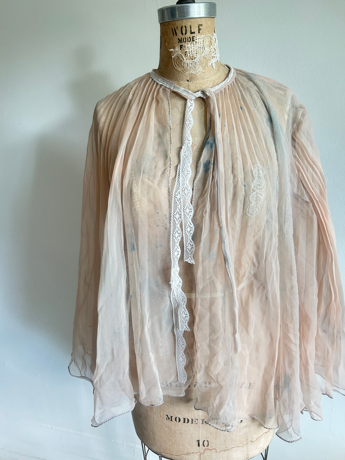 Ethereal Vintage Peachy Beige Sheer Hand dyed Pleated Top Size up to L #VIN2