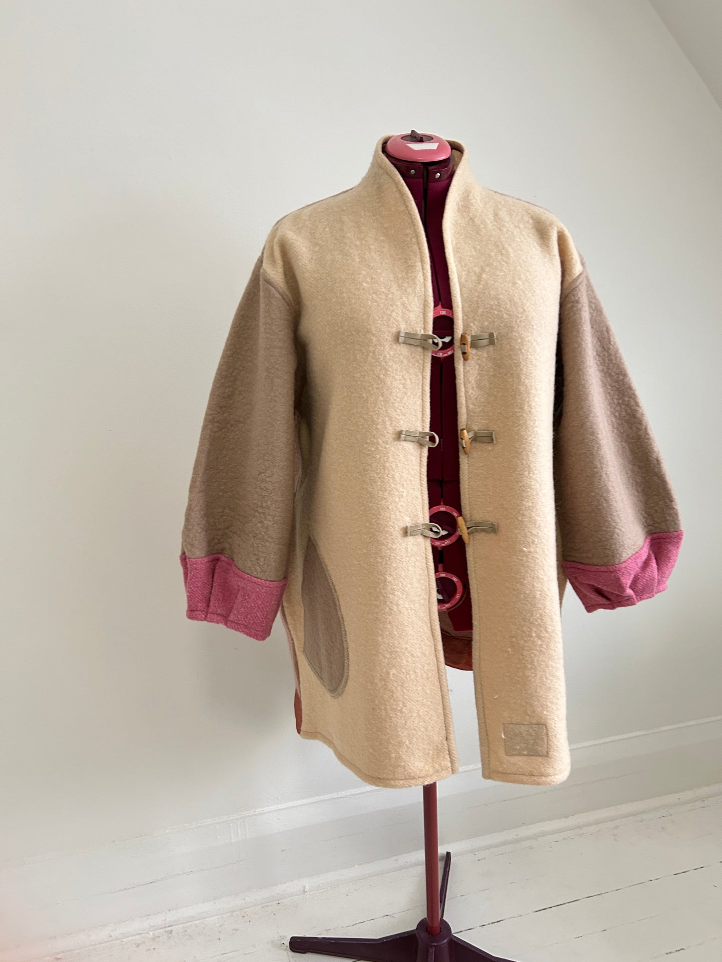 Vivianne Jacket with Upcycled Vintage Wool Blanket & Leather & Wooden Toggles Size 2X/3X #CVJW23X32