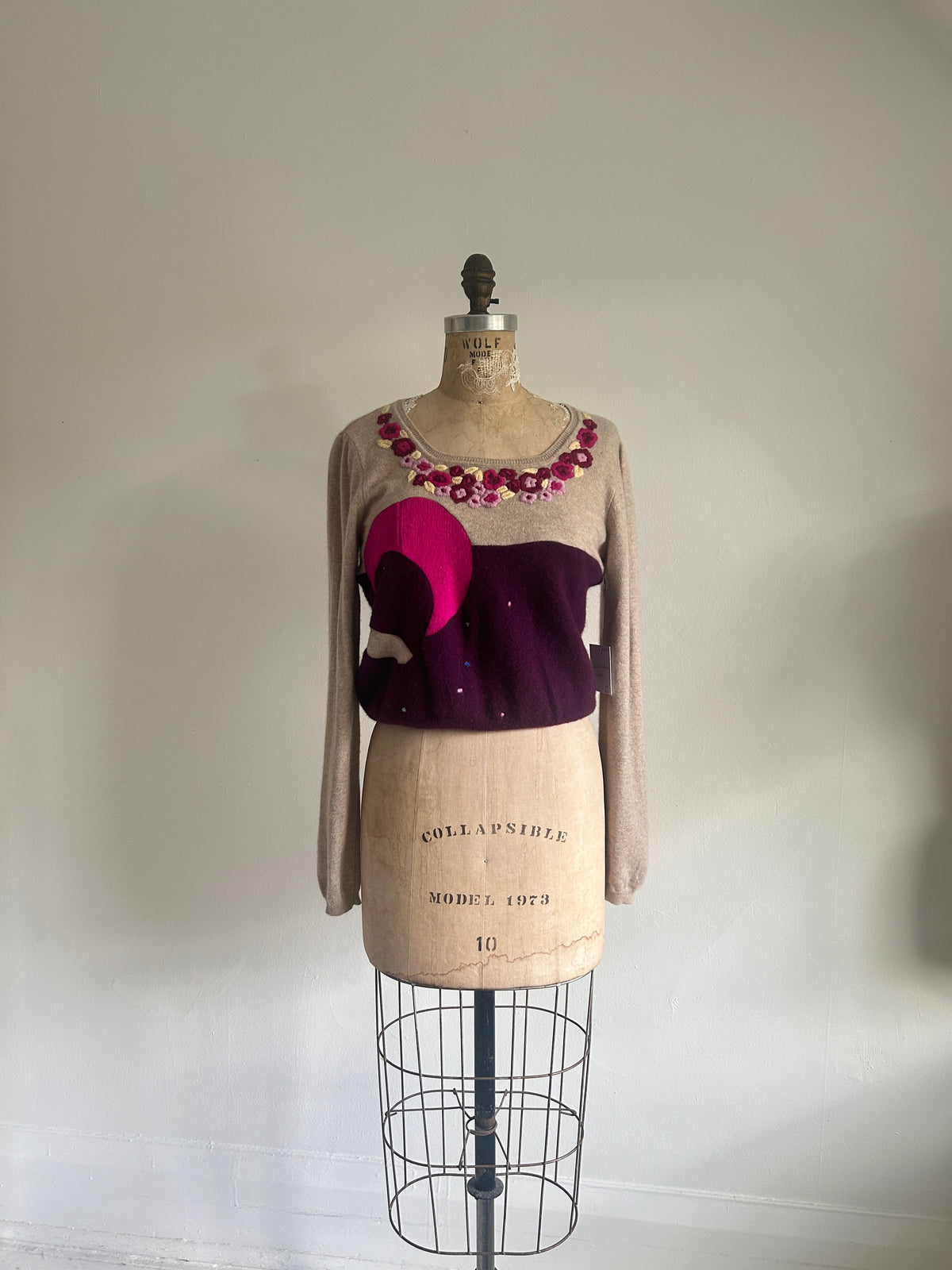Needlefelted, Embroidered and Circle Patched Confetti Cashmere Sweater XL/2X #CASHSM2