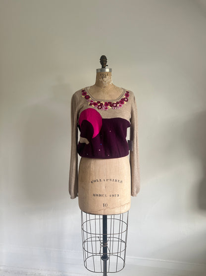Needlefelted, Embroidered and Circle Patched Confetti Cashmere Sweater XL/2X #CASHSM2