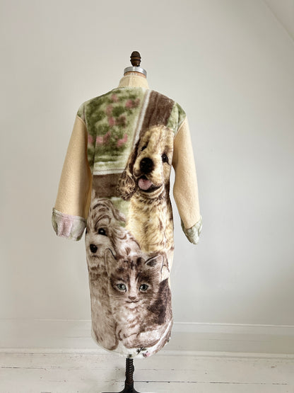 Vivianne Duster with Upcycled Fleece & Vintage Wool Blanket Puppy Theme Size S/M #CVDWSM43