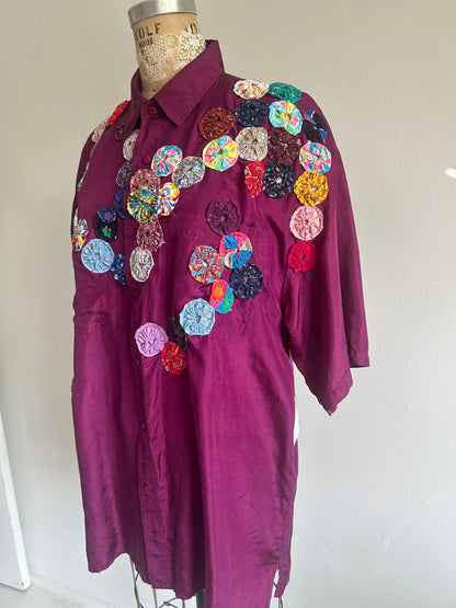 Vintage Silk Blouse with YoYo Quilt Appliqué Size XL #YOYO2