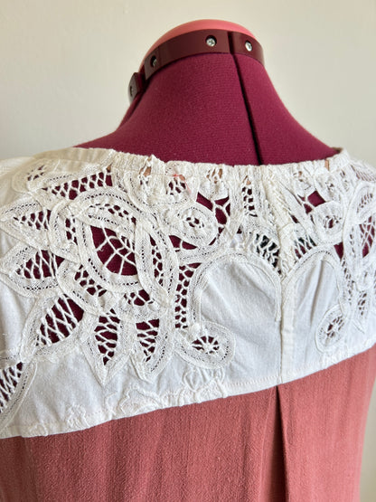 Peony Top - One of a Kind Upcycled Vintage Battenberg Lace, Cotton & Linen Size XL #PEO9