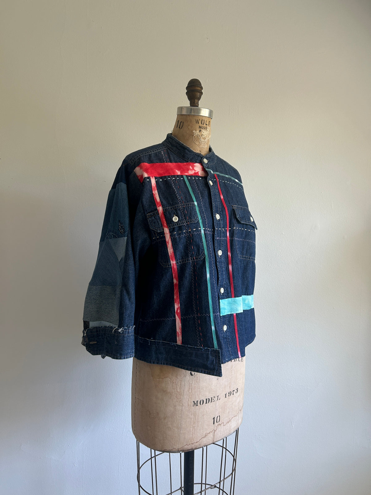Ellis Reclaimed Patchwork Denim Shirt with Handstitching & Hand Dyed Twill Ribbon L/XL #ELL2