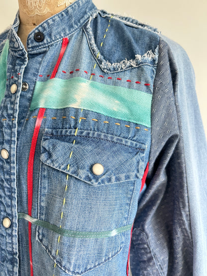 Ellis Reclaimed Patchwork Denim Shirt with Handstitching & Hand Dyed Twill Ribbon S/M #ELL3