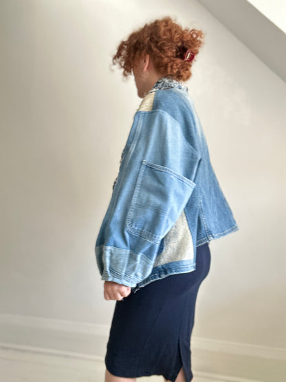 Vivianne Cropped Upcycled Woven Denim Jacket Size XL/2X #CVCDX2X101