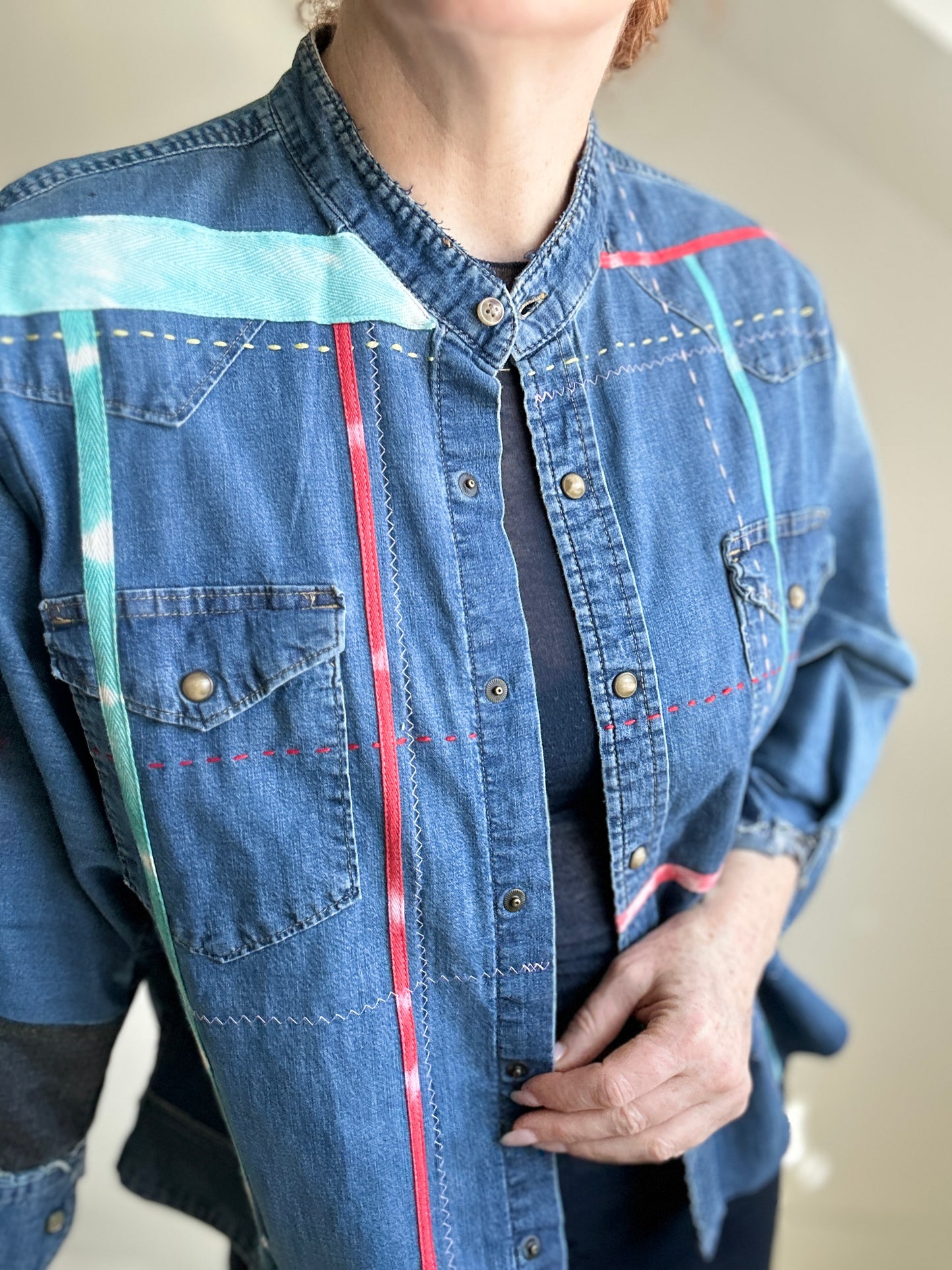 Ellis Reclaimed Patchwork Wrangler Denim Shirt with Handstitching & Hand Dyed Twill Ribbon XL/2X #ELL1