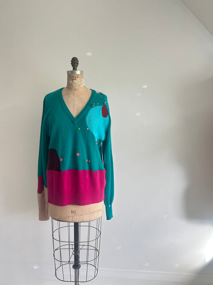 Needlefelted and Circle Patched Confetti Cashmere Sweater XL/2X #CASX2X1