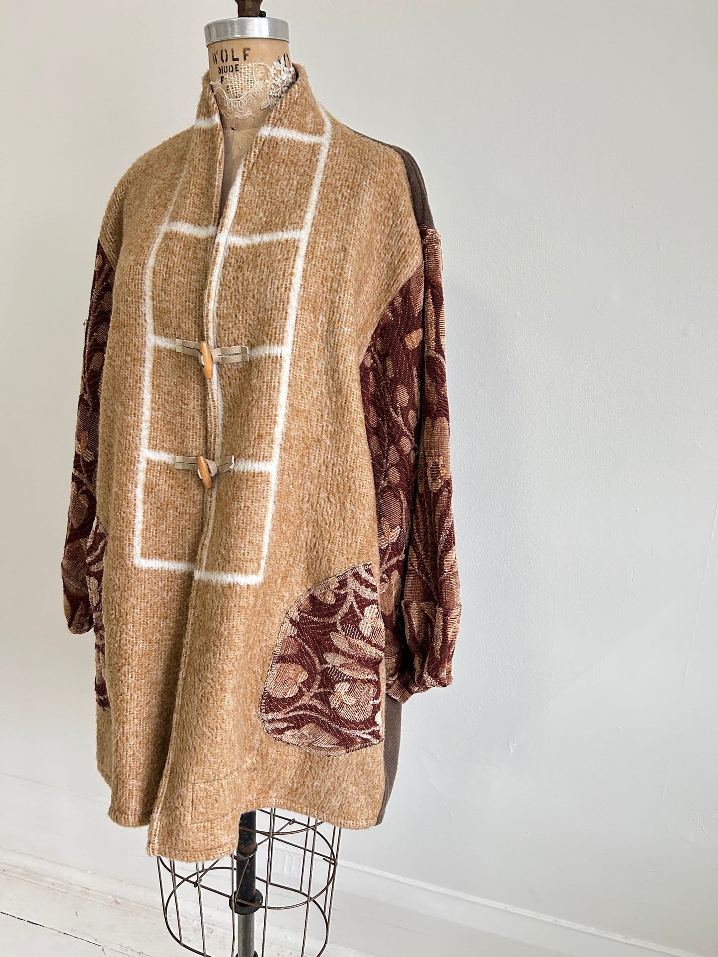 Vivianne Jacket with Upcycled Vintage Wool & Throw Blanket & Leather & Wooden Toggles Size XL/2X #CVJWX2X44