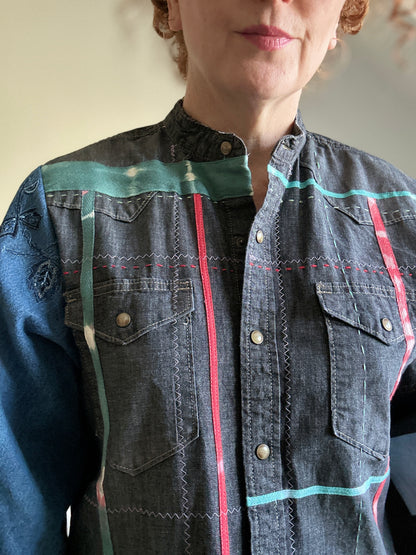 Ellis Reclaimed Patchwork Wrangler Denim Shirt with Handstitching & Hand Dyed Twill Ribbon M/L #ELL9