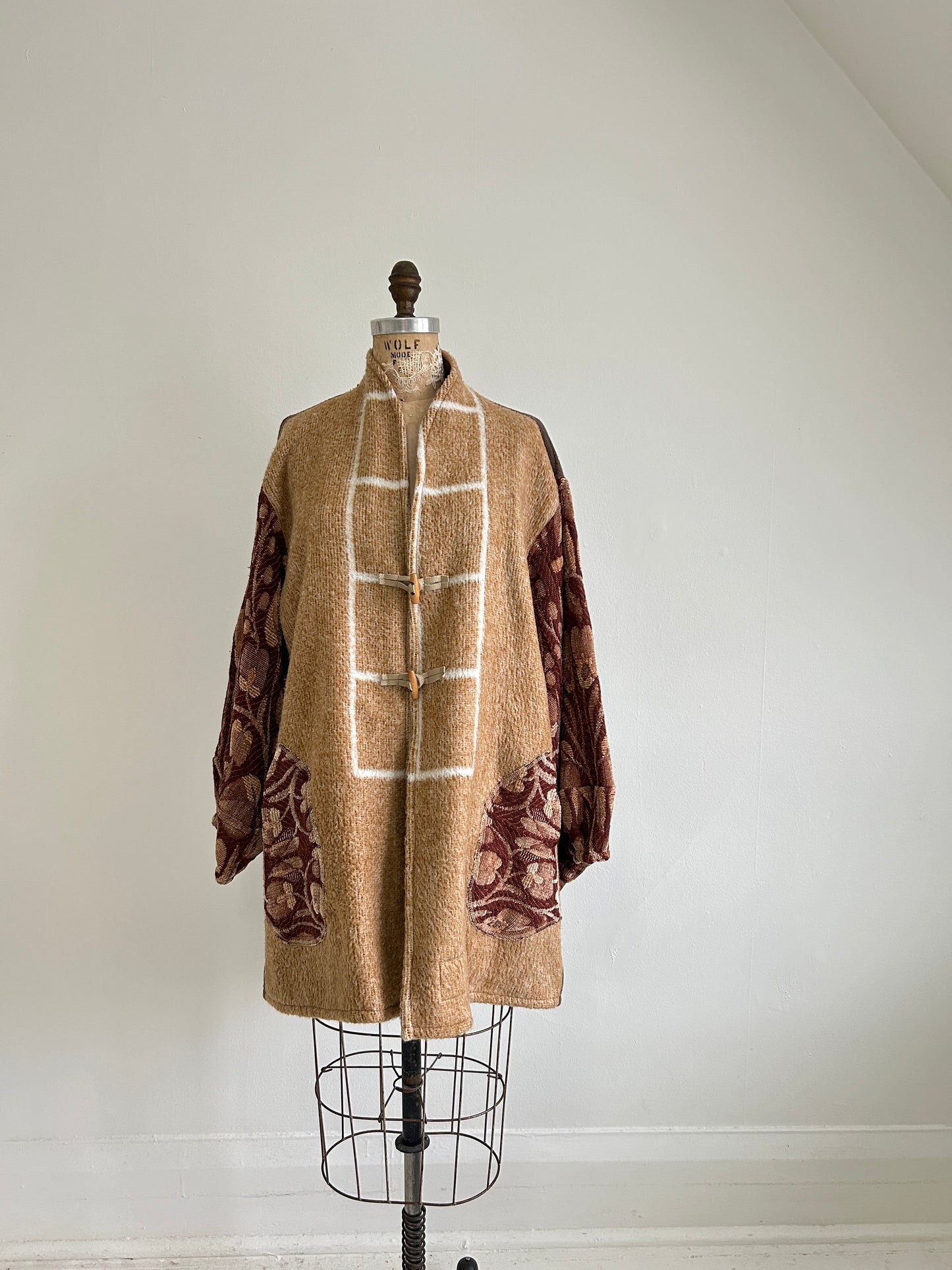 Vivianne Jacket with Upcycled Vintage Wool & Throw Blanket & Leather & Wooden Toggles Size XL/2X #CVJWX2X44