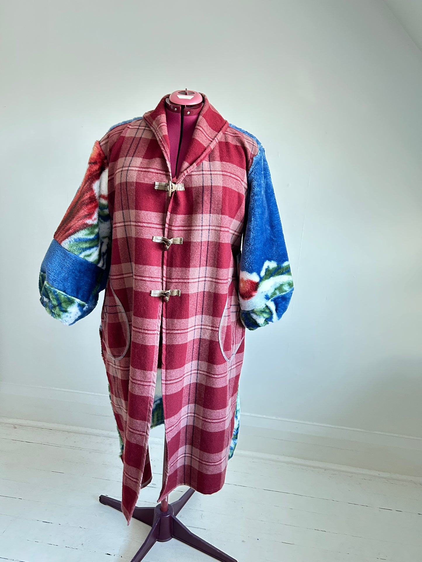 Vivianne Jacket with Upcycled Vintage & Fleece Wool Blanket & Leather & Wooden Toggles Cardinal Theme Size XL/2X #CVJWX2X48