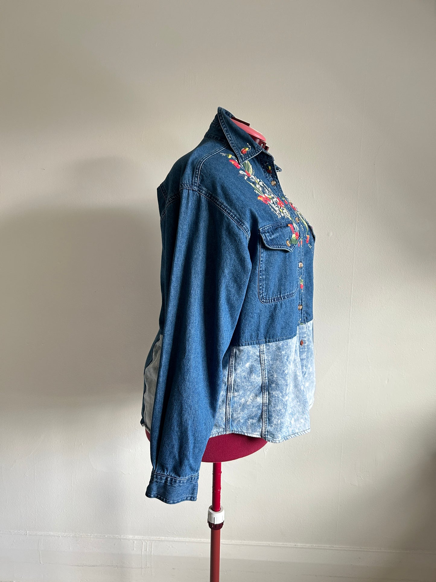 Upcycled Modern Workwear Denim Shirt - Circle Series with hand painting Size XL/2X #DEN1