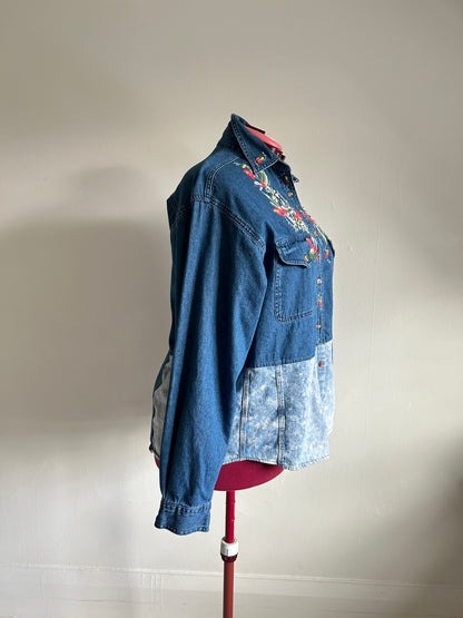 Upcycled Modern Workwear Denim Shirt - Circle Series with hand painting Size XL/2X #DEN1