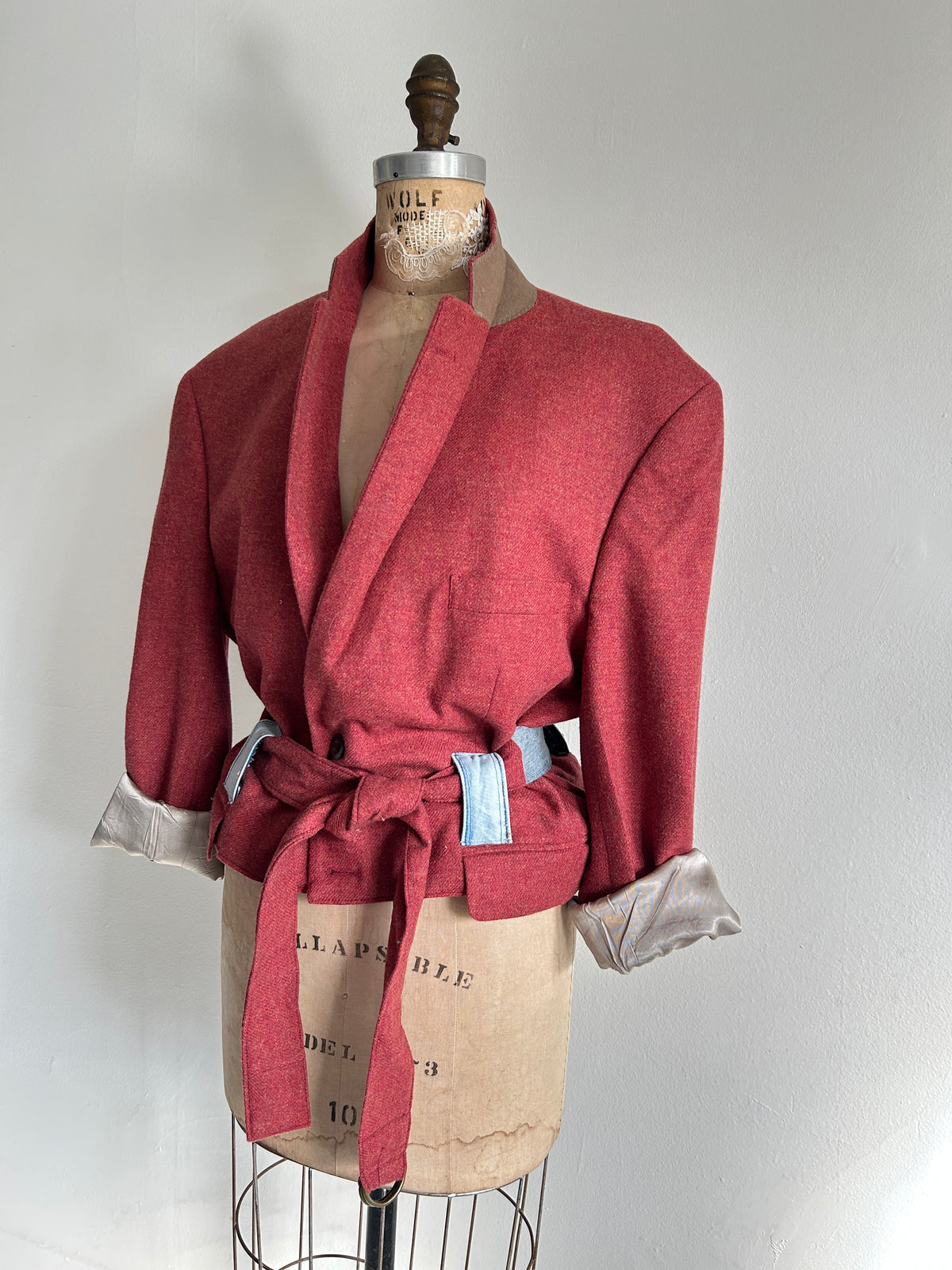 Cropped Upcycled Stafford LambsWool Blazer with Denim Belt Size L/XL #BLAZLXL3
