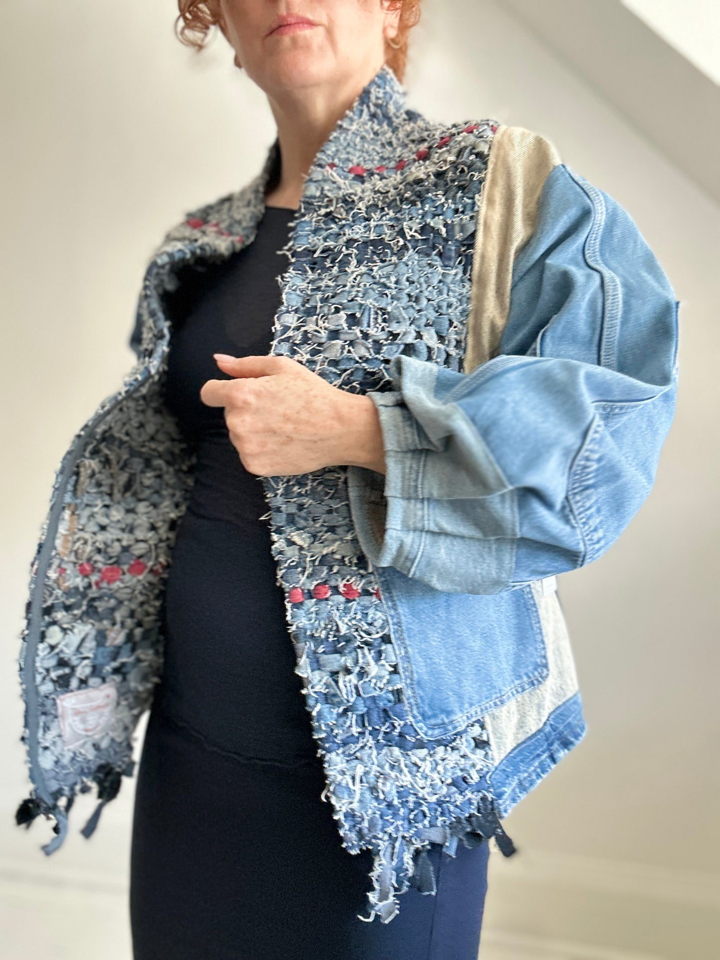 Vivianne Cropped Upcycled Woven Denim Jacket Size XL/2X #CVCDX2X101